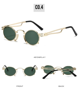 Three-angle views of vintage round gold metal sunglasses with dark green lenses and black tips