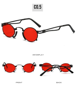 Detailed multi-angle views of retro round sunglasses with red lenses and black frames