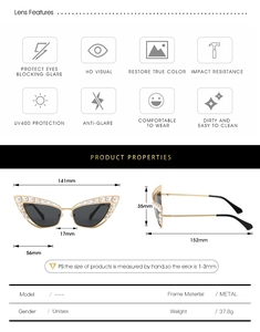 Detailed size chart for pearl cat-eye metal sunglasses with specific frame dimensions