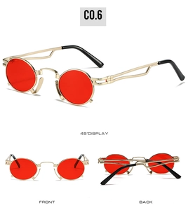 Three perspectives of steampunk round sunglasses with gold metal frames and red lenses