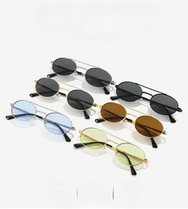 Detailed grid of oval metal sunglasses with double bridge in various frame and lens colors