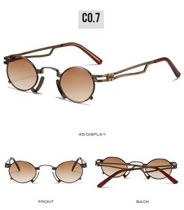 Three views of retro steampunk sunglasses with bronze frames and brown gradient lenses