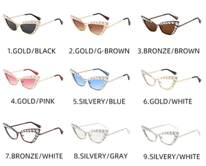 Cat eye sunglasses detail view showing nine color options with elegant pearl frame accents