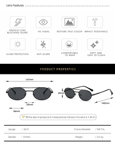 Detailed dimensions and metal frame specs for oval vintage double bridge sunglasses