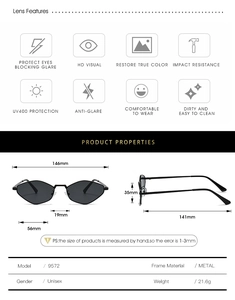 Detaillierte Größentabelle und technische Daten für die schwarze Metall-Polygon-Sonnenbrille