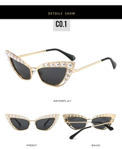 Cat eye sunglasses with gold metal frames and pearl accents shown from multiple angles