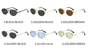 Multiple color options for oval double-bridge metal frame sunglasses in a 2x3 grid view