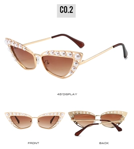 Three views of gold cat eye sunglasses with pearl embellishments and brown lenses