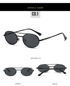 Three perspectives of oval double-bridge metal sunglasses with dark gray lenses