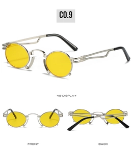 Three views of retro steampunk sunglasses with silver frames and yellow round lenses