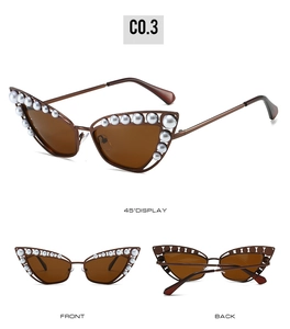 Detailed views of vintage cat-eye sunglasses with pearl accents and brown lenses