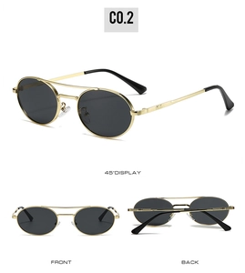 Macro detail of vintage oval sunglasses with double bridge gold frame and dark lenses