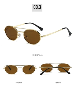 Three-angle display of oval metal sunglasses with double bridge and brown lenses