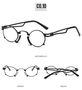 Three-view display of black round retro sunglasses showing front, side and back angles