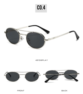 Detailed views of vintage oval metal sunglasses showing front, back, and 45-degree angles