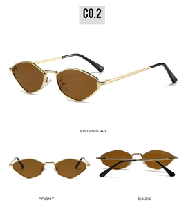 Detaillierte Ansichten der goldenen geometrischen Sonnenbrille mit braunen Gläsern