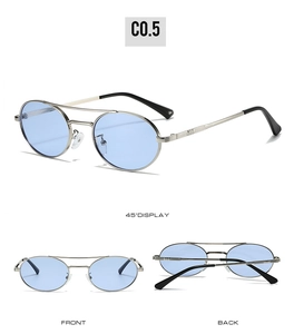 Three-angle view of vintage oval metal sunglasses with double bridge and blue lenses