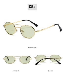 Three-way view of retro small oval sunglasses with golden double-bridge metal frame
