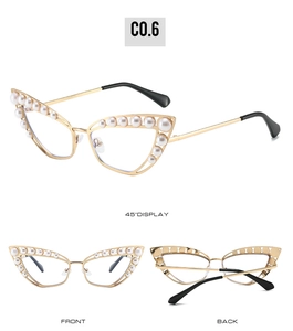 Detailed views of gold cat-eye metal frames featuring elegant pearl embellishments