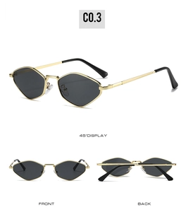 Drei Perspektiven einer goldenen Metall-Polygon-Sonnenbrille mit dunklen Gläsern aus Winkeln