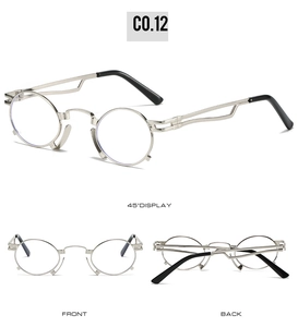 Three-angle view of silver retro round sunglasses with slim metal frames and hollow details