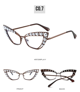Detailed multi-angle views of bronze metal cat-eye sunglasses with pearl embellishments