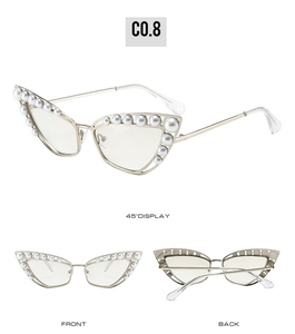 Detailed views of silver cat eye metal sunglasses with white pearl embellishments