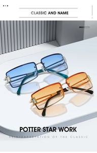 Détail de lunettes de soleil carrées sans monture avec charnière en cristal et verres dégradés