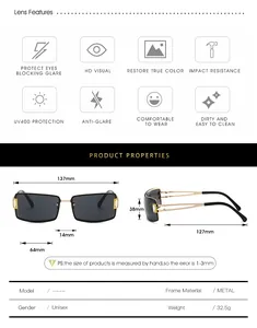 Tableau des tailles pour lunettes de soleil sans monture en métal avec mesures et UV400