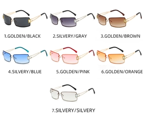 Détail de lunettes de soleil carrées sans monture en sept couleurs avec branches en métal