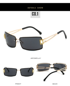 Détails de lunettes de soleil Y2K sans monture avec cadre doré et strass latéraux