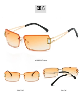 Détail de lunettes de soleil sans monture avec verres dégradés orange et cristal décoratif