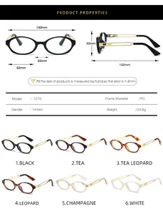 Detailed size guide and specifications for oval blue light blocking glasses model 1078