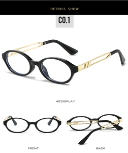 Detailed view of oval glasses with black frames and golden hollowed temples in three angles