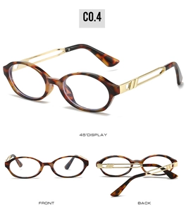 Three views of oval tortoiseshell blue light glasses with hollow gold metal temples