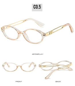 Detail views of champagne oval blue light glasses with gold geometric temples