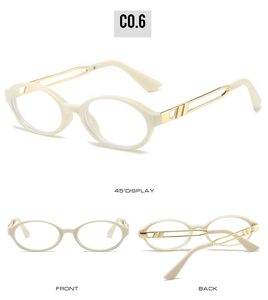 Three views of oval champagne glasses frames with hollow geometric gold metal temples