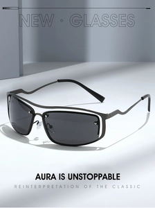 Detail of Y2K rimless sports sunglasses with streamlined metal frame and grey lenses