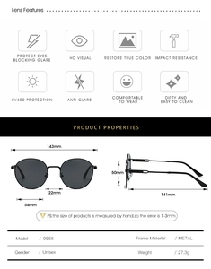 Tableau des tailles pour lunettes de soleil ovales en métal avec largeur totale de 143mm