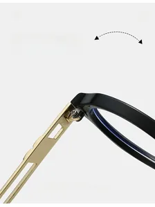 Detail of durable textured hinge and golden metal temple on oval blue light glasses