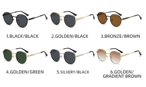 Grille détaillée montrant six variantes de lunettes de soleil ovales en métal