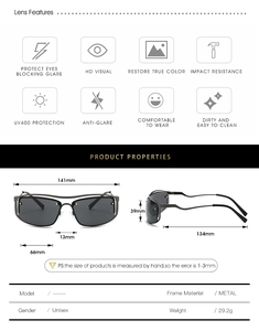 Detailed size chart for Y2K half-frame sunglasses showing 141mm frame width and 29.2g weight