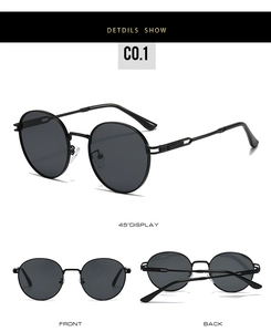 Vues détaillées des lunettes de soleil ovales en métal avec branches ciselées et verres gris
