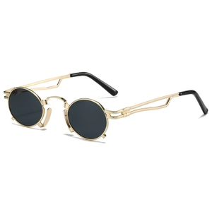Retro steampunk round sunglasses with gold metal frame and镂空 curved temples