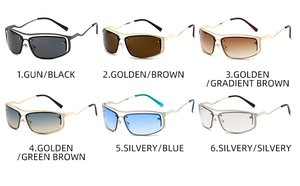 Matrix showing six color variations of Y2K metallic half-frame wrap around sunglasses