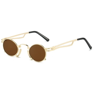 Retro steampunk round sunglasses with gold metal frame and hollow geometric temples
