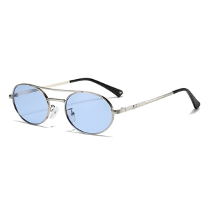 Retro small oval sunglasses with silver double bridge frame and light blue lenses