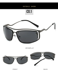 Detailed views of Y2K half-frame metallic sunglasses with industrial hollow bridge design