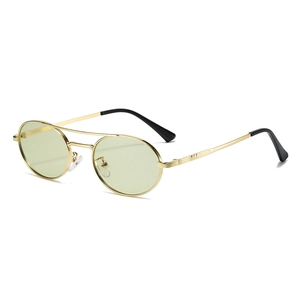 Retro oval metal sunglasses with double bridge and pale yellow-green lenses