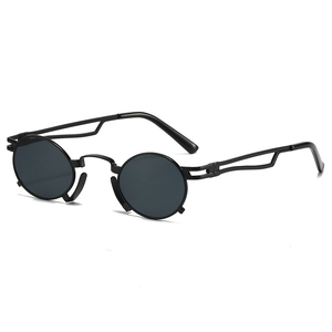 Retro small round frame sunglasses with matte black lenses and split temple design